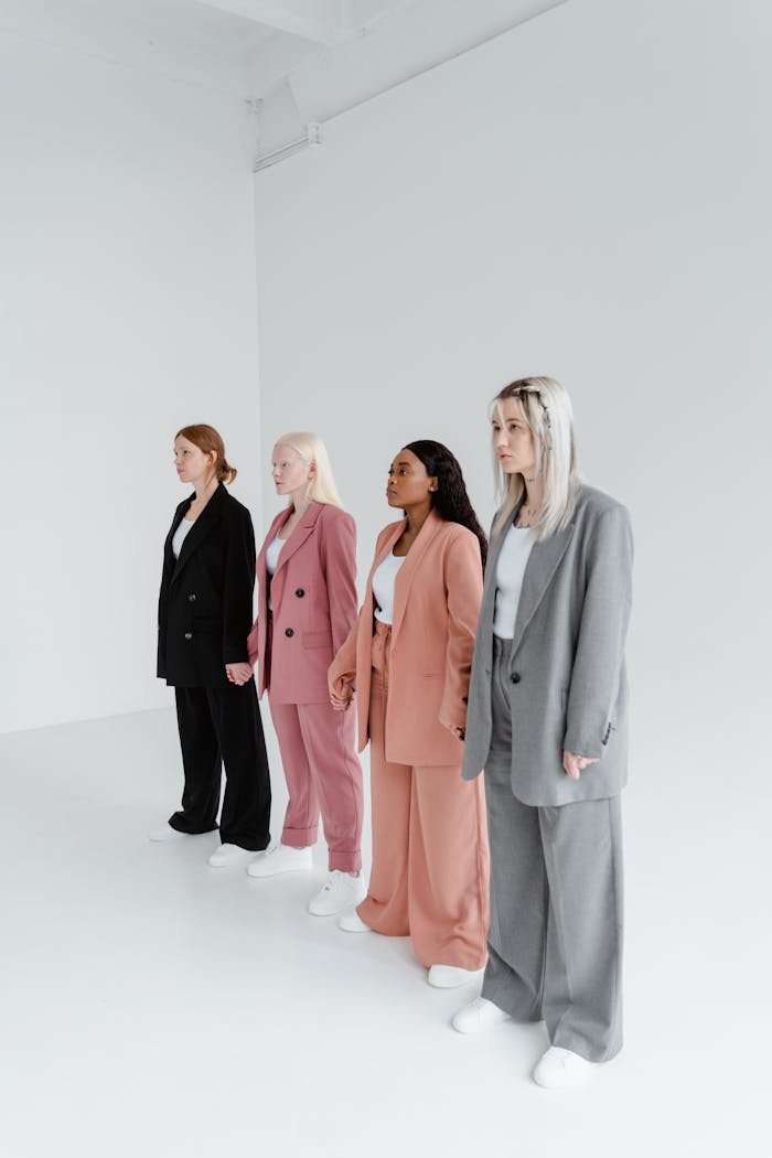 Four women in stylish suits standing in studio, showcasing diversity and fashion.